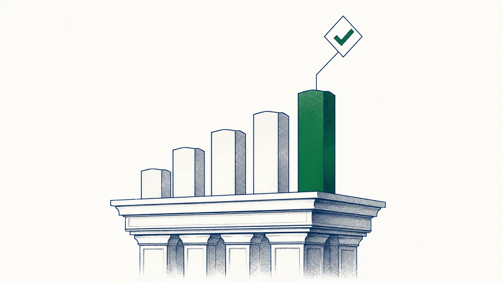 Ilustração editorial: gráfico de barras sobre pedestal com checkmark — orçamento aprovado