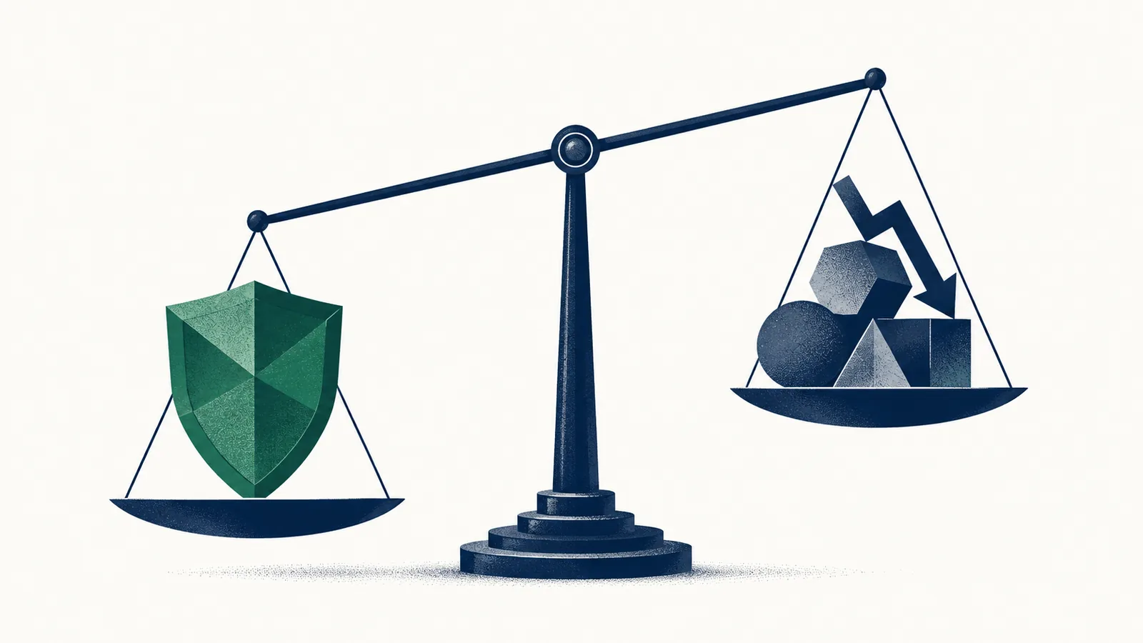 Ilustração editorial: balança pendendo para escudo de segurança versus pilha de perdas